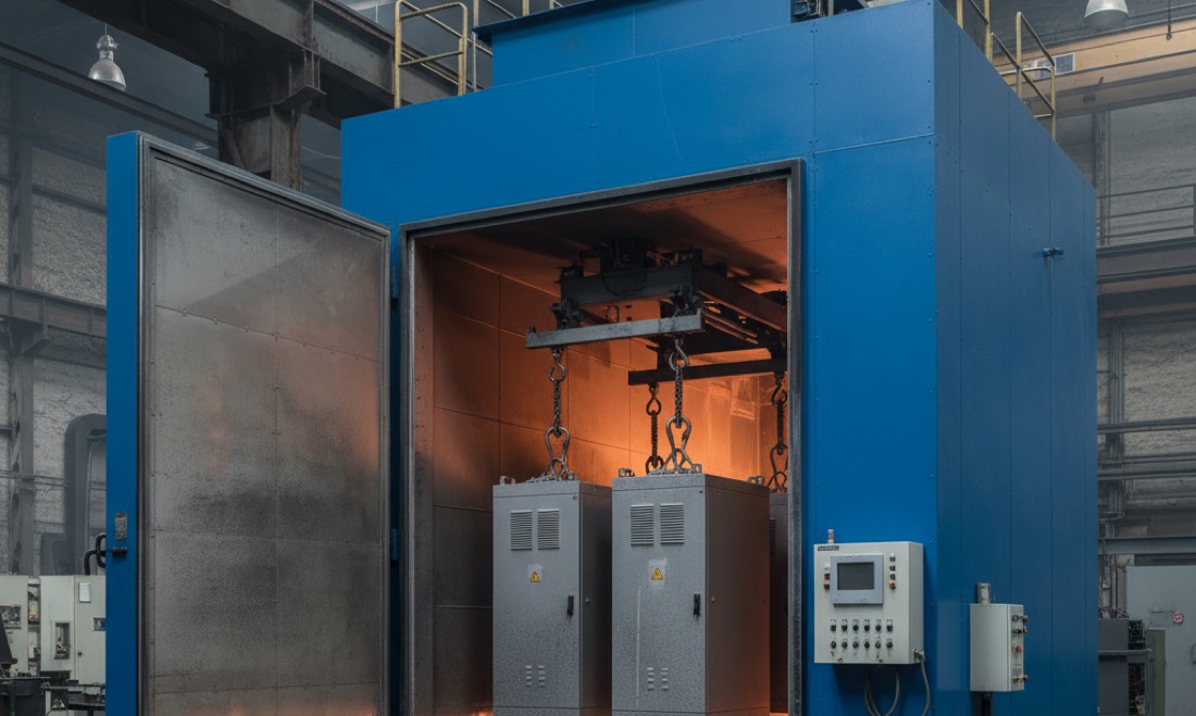 Horno batch GTM 4×4×6 m con gabinetes de generación eléctrica curándose en interior