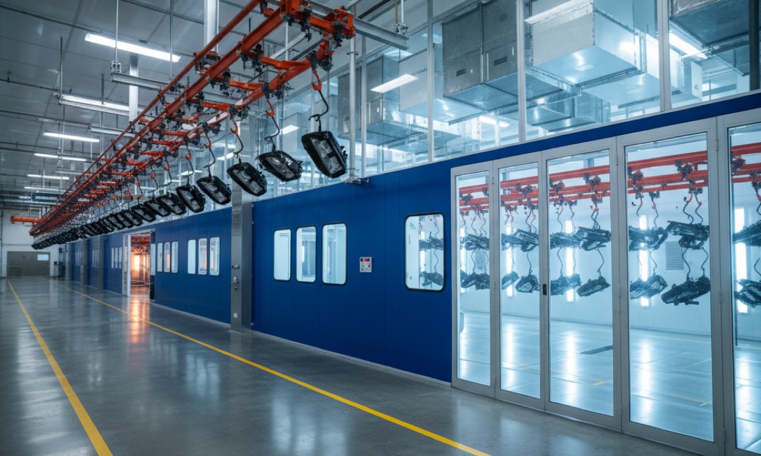Línea continua Tier 1 GTM con cuarto limpio y filtración HEPA para iluminación automotriz