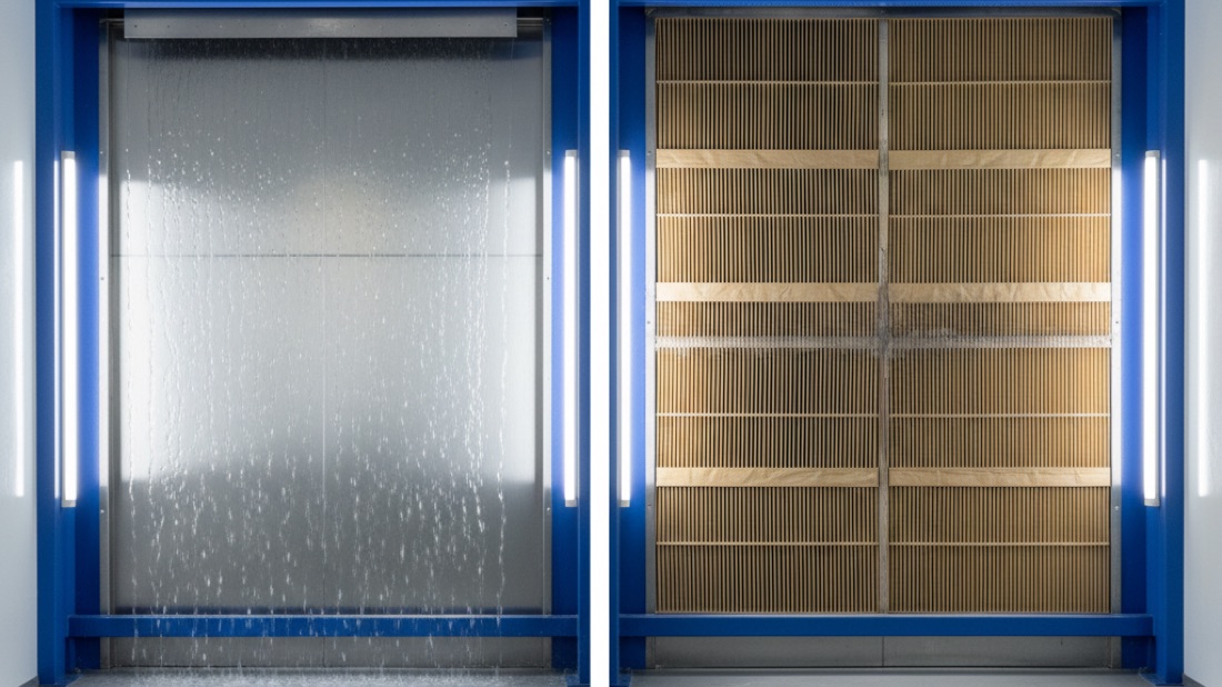Comparativa visual de cabina con cortina de agua vs filtro seco ANDREAE